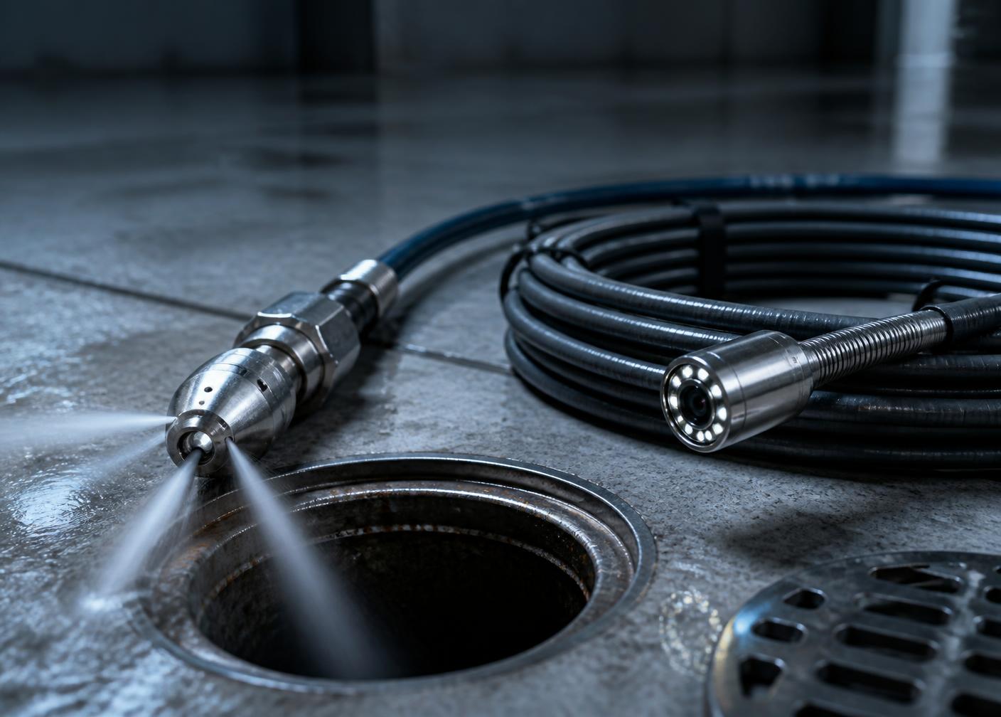 Hydro-jetting nozzle and drain inspection camera at an open floor drain