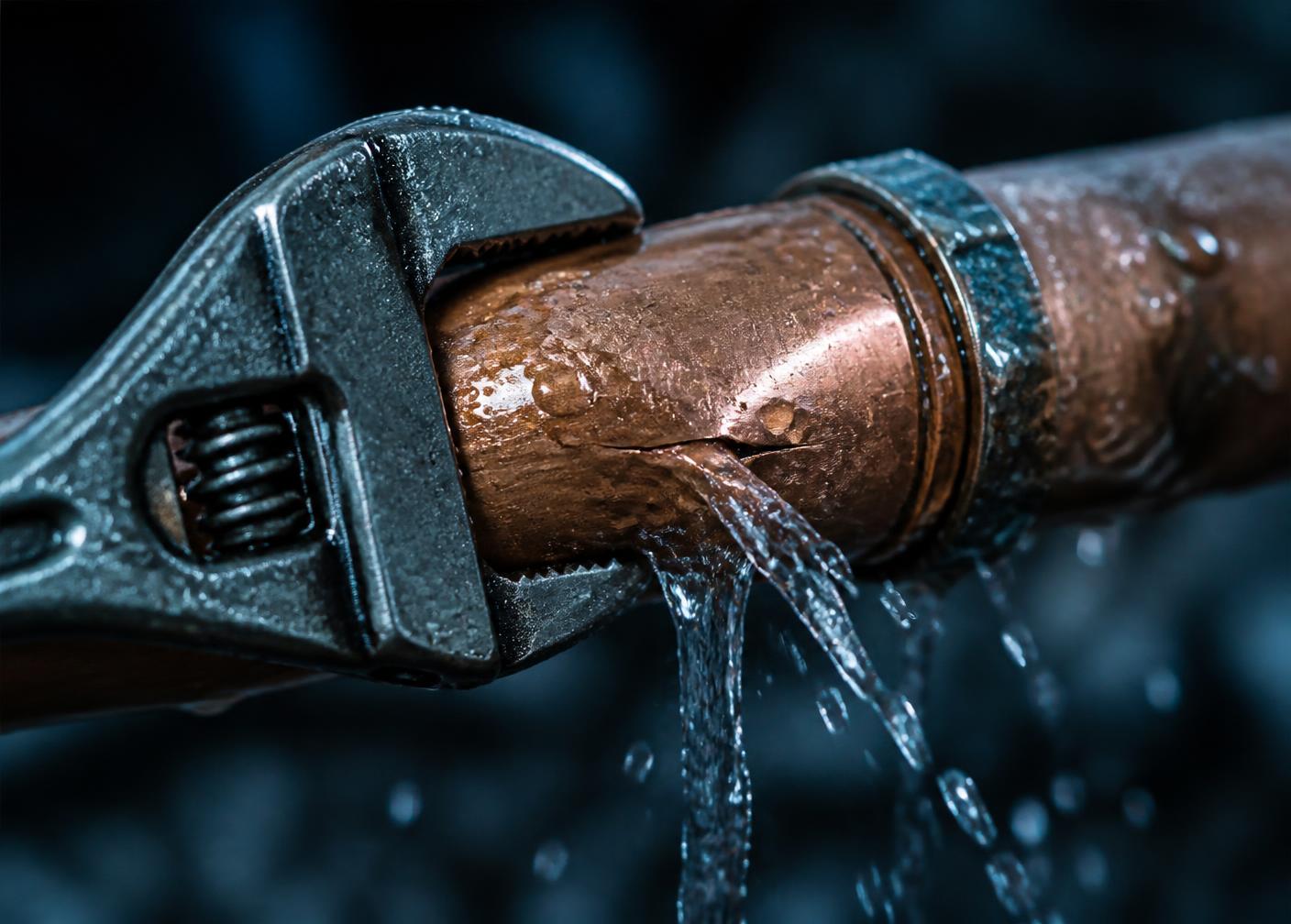 Wrench tightening a leaking copper pipe joint