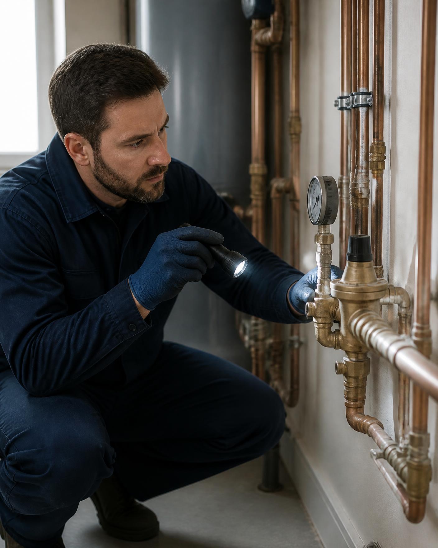 Solvo technician assessing a pressure regulating valve during a service call